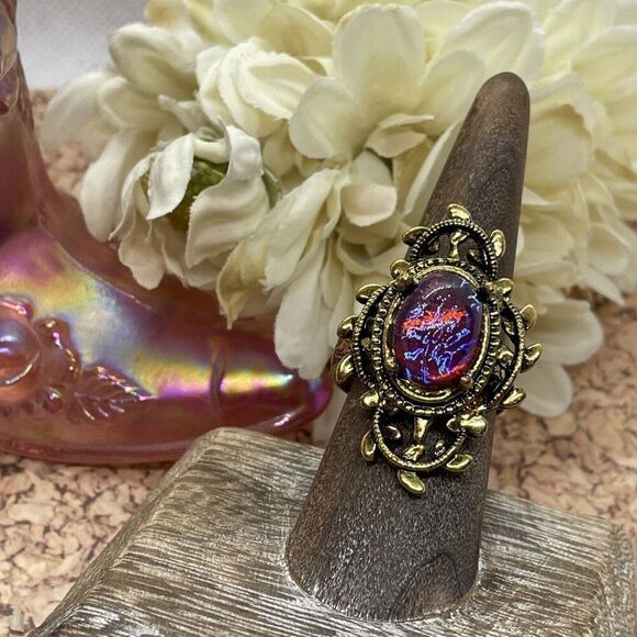Valentine’s Day Renaissance Medieval gold Ring Mexican Fire Opal Dragons breath - Picture 10 of 16